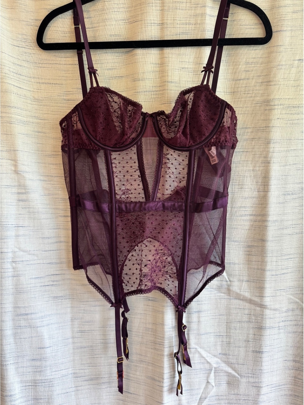 Victoria's Secret Burgundy Lace and Mesh Bustier Corset with Garter Straps
